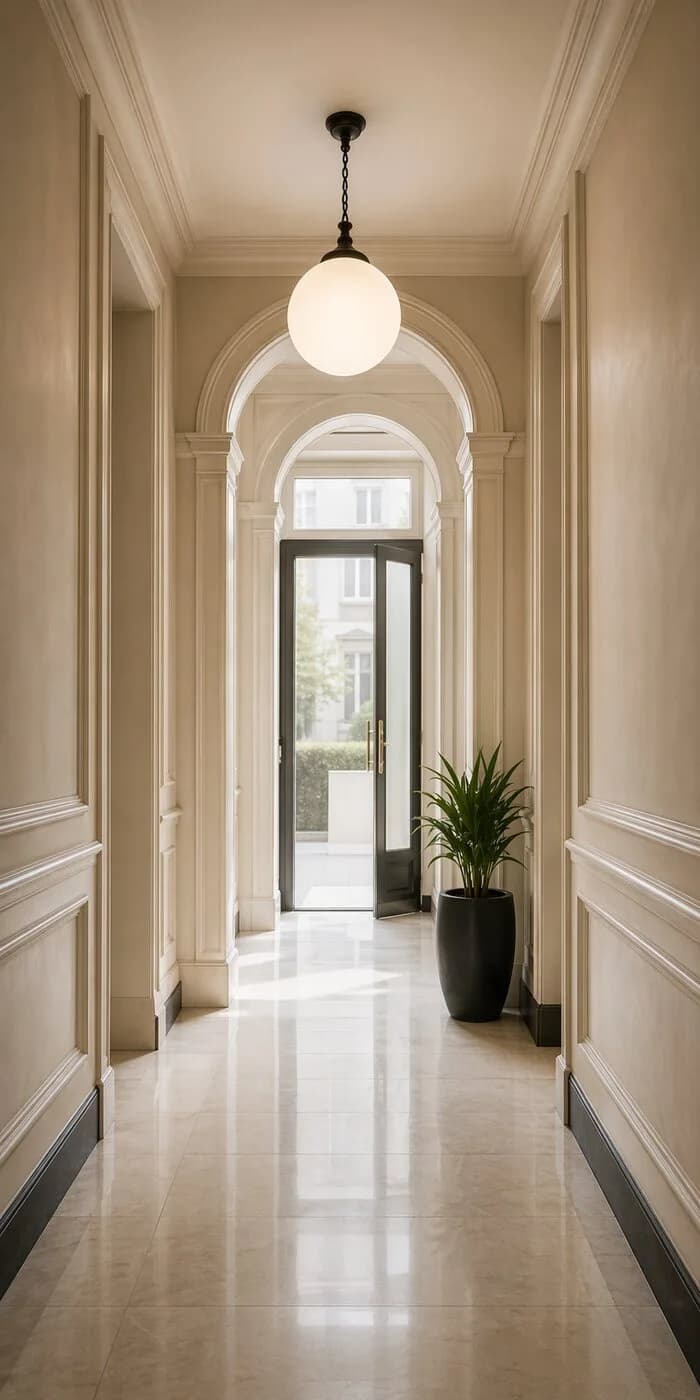 Entrée d'immeuble propre avec plante